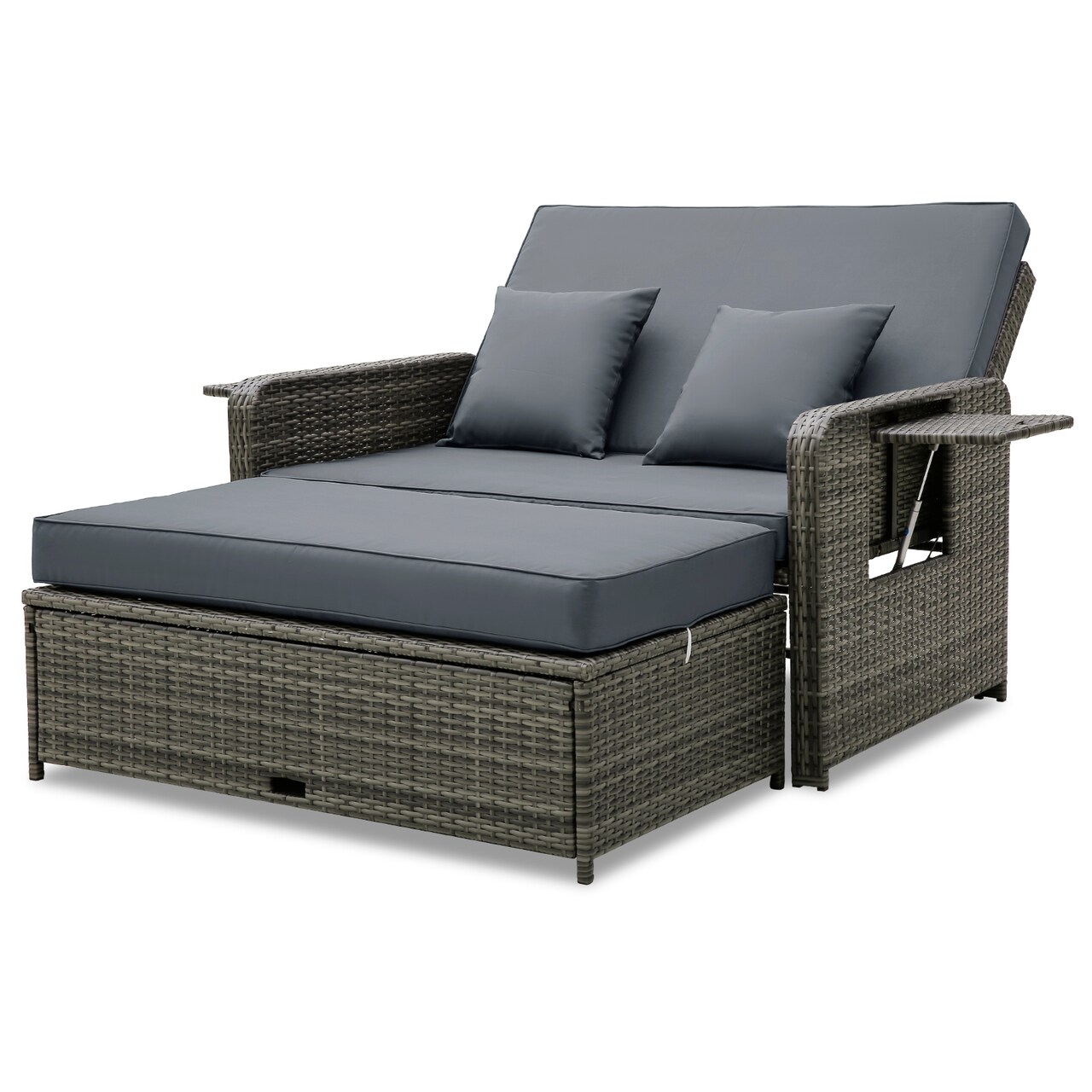 2-in-1 Rattan Patio Loveseat Daybed with Ottoman and Trays Mix Gray